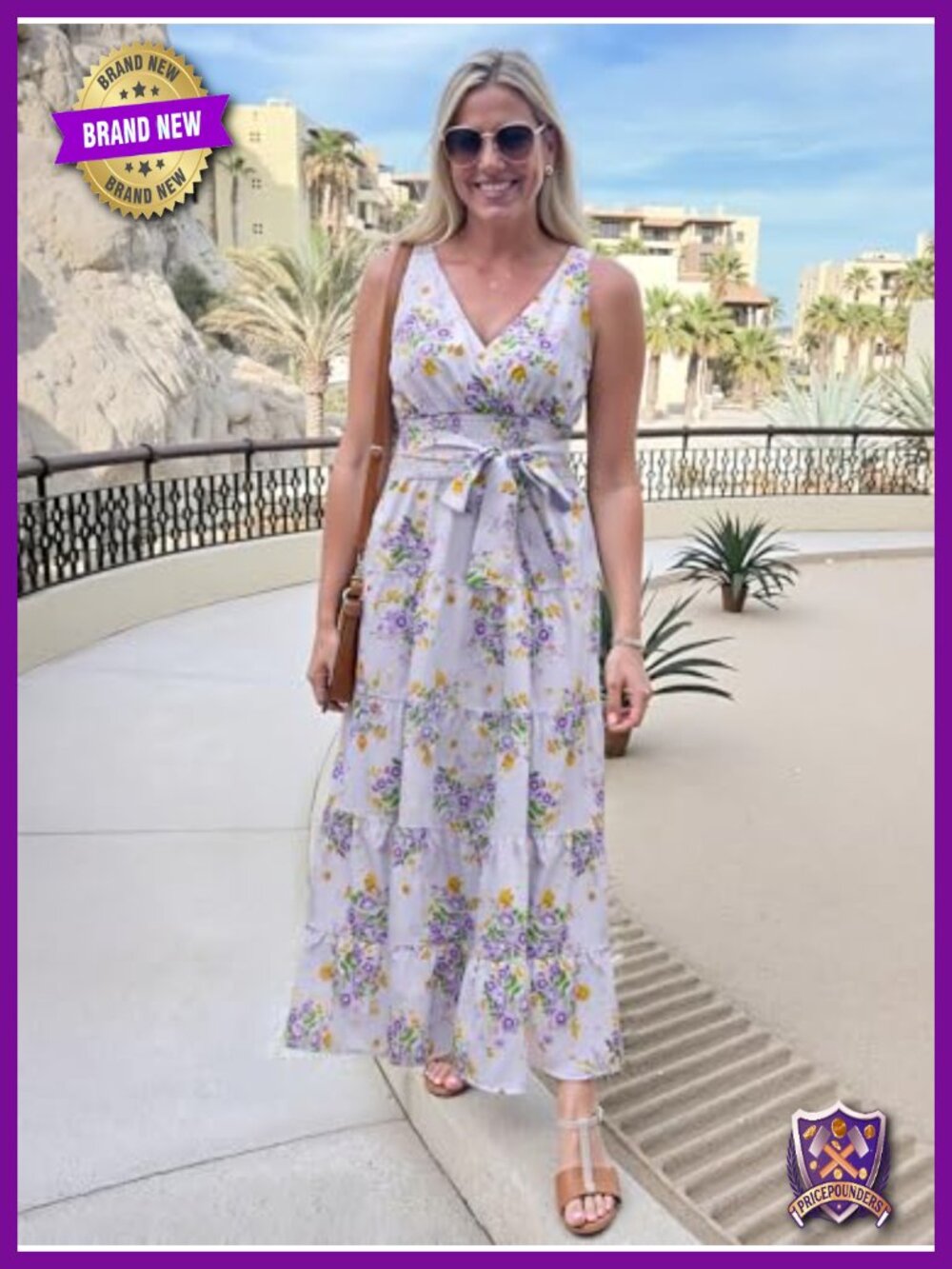 Sleeveless Boho Floral Maxi Dress Wrap Vneck Smocked Tie Flowy Ruffle Tiered - Picture 4 of 6
